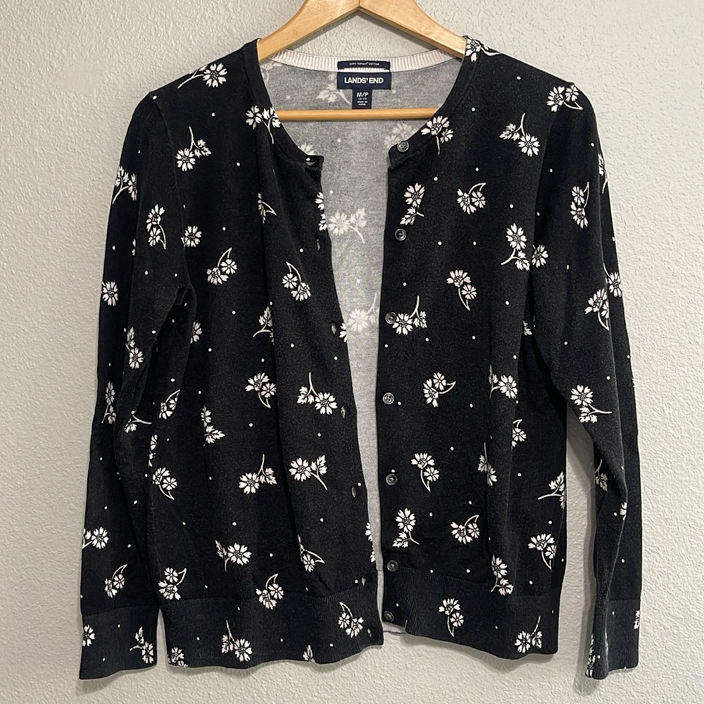 Lands End Black Supima 100% Cotton Floral Cardigan Sweater - Medium